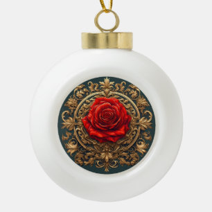 Ornate Red Rose With Gold Baroque Frame Ceramic Ball Christmas Ornament
