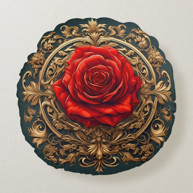 Ornate Red Rose With Gold Baroque Frame Round Pillow (Front)