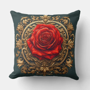 Ornate Red Rose With Gold Baroque Frame Throw Pillow