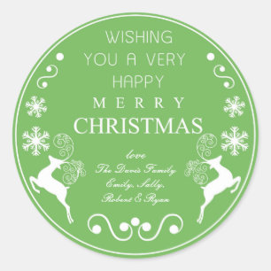 Ornate Reindeers n Snowflakes Green Holiday Labels