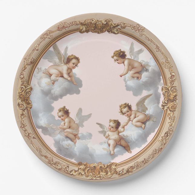 Ornate Rococo Cherub Pink Cloud Party Plate (Front)