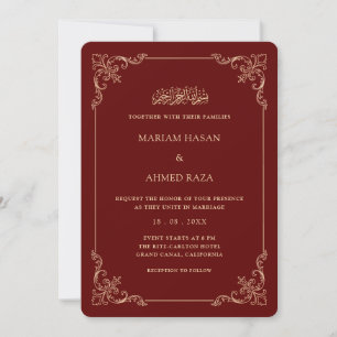 Ornate Rococo Frame Burgundy Red Muslim Wedding Invitation