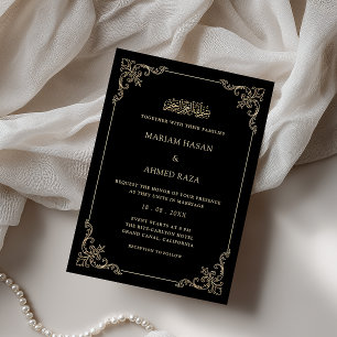 Ornate Rococo Frame Gold Black Muslim Wedding Invitation