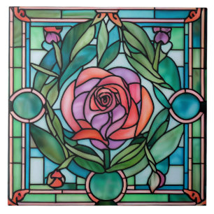 Ornate Rose Leaves Wreath Stained Glass Style Tile