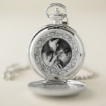 Ornate Round Frame Custom Photo Pocket Watch<br><div class="desc">This ornate silver grey design looks great with black and white photos. You can change a colour photo to b&w using a filter. Click customise to alter your image.</div>