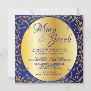 Ornate royal blue and gold wedding invitation
