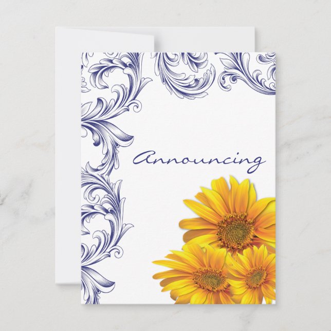 Ornate Royal Blue and Yellow Sunflowers Engagement Announcement (Front)