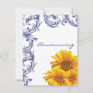 Ornate Royal Blue and Yellow Sunflowers Engagement Announcement
