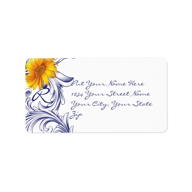 Ornate Royal Blue and Yellow Sunflowers Monogram Label (Front)