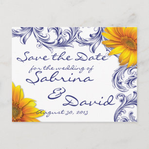 Ornate Royal Blue Yellow Sunflower Save the Date Announcement Postcard