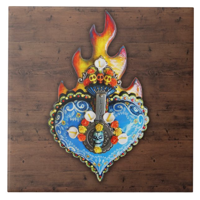 Ornate Sacred Flaming Heart Wall Plaque Tile (Front)