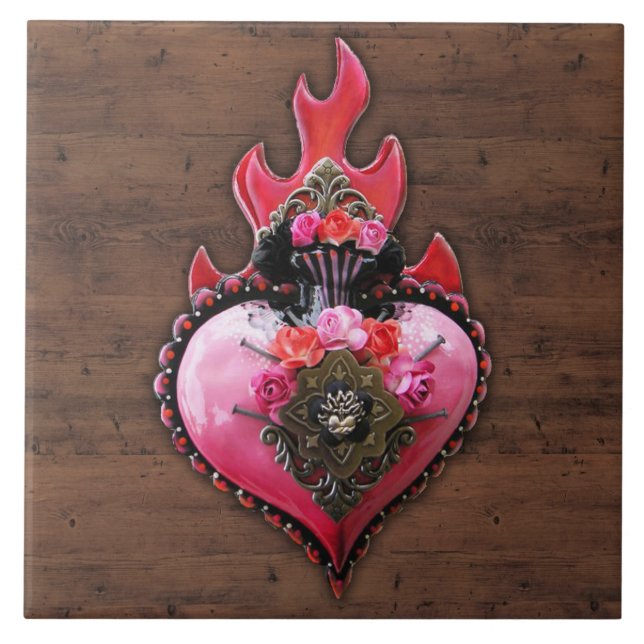 Ornate Sacred Flaming Heart Wall Plaque Tile (Front)