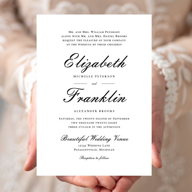Ornate Script Formal Black and White Wedding Invitation (Creator Uploaded)