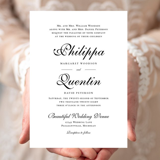 Ornate Script Formal Black and White Wedding Invitation (Creator Uploaded)