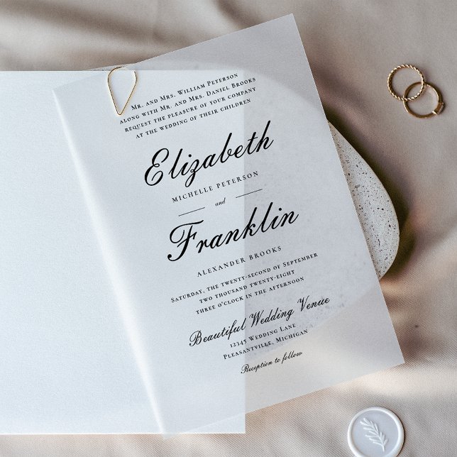 Ornate Script Formal Black and White Wedding Vellum Invitations (Creator Uploaded)