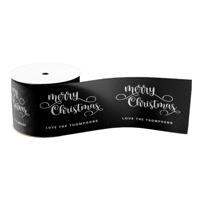 Ornate Script Name White Black Merry Christmas Grosgrain Ribbon (Spool)