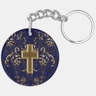 Ornate Scrolls & Cross Keychain, Drk Blue & Gold Keychain
