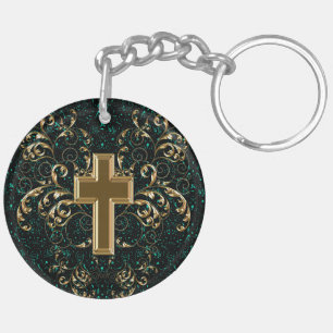 Ornate Scrolls & Cross Keychain, Drk Green & Gold Keychain