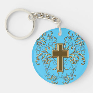 Ornate Scrolls & Cross Keychain, Light Blue & Gold Keychain