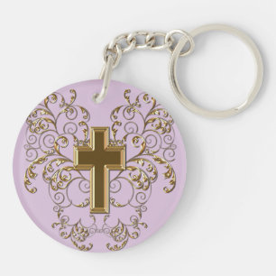 Ornate Scrolls & Cross Keychain, Purple & Gold Keychain