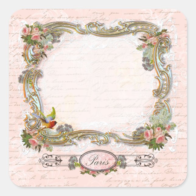 Ornate Scrolls French Writing Pink Roses Square Sticker (Front)