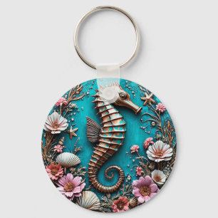 Ornate Seahorse Sculpture Surrounded by Flowers Keychain
