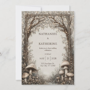 Ornate Sepia Frame Mushroom Woodland Wedding Invitation