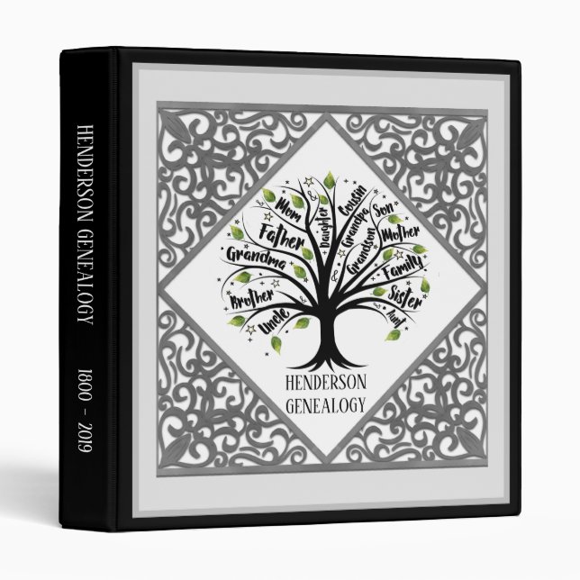 Ornate Silver And Black Filigree Family Tree  Binder (Front/Spine)