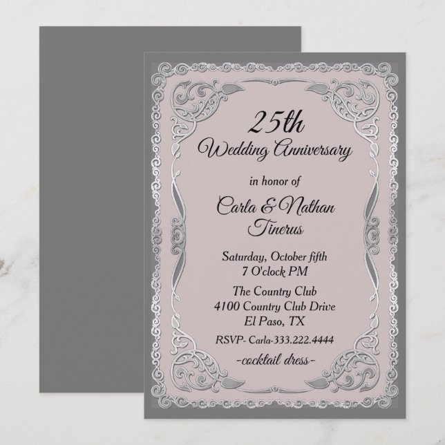 Ornate Silver and Blue Wedding Anniversary Invitation (Front/Back)
