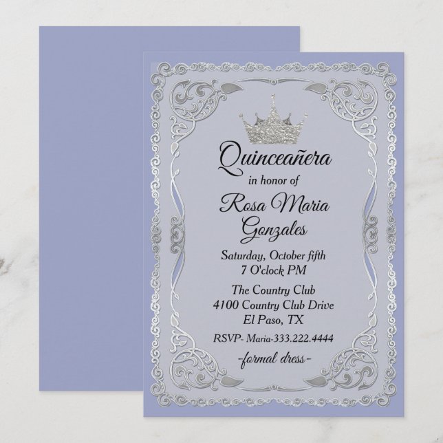 Ornate Silver and Slate Blue Crown Quinceanera Invitation (Front/Back)