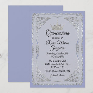 Ornate Silver and Slate Blue Crown Quinceanera Invitation