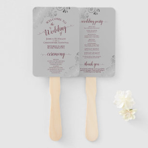 Ornate Silver & Burgundy on Grey Wedding Program Hand Fan