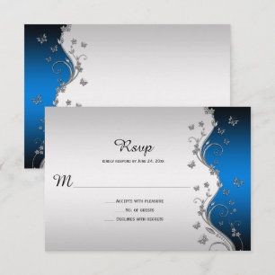 Ornate Silver Butterflies on Blue Gradient RSVP Card