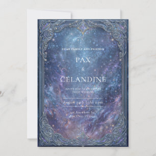 Ornate Silver Celestial Galaxy Frame Wedding Invitation
