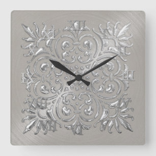 Ornate Silver Embossed Look Roman Numerals Square Wall Clock