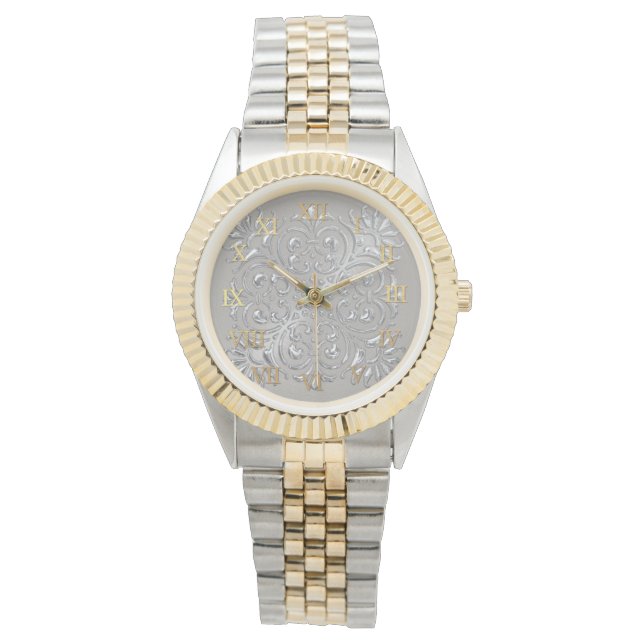 Ornate Silver Embossed Look Roman Numerals Watch (Front)