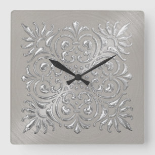 Ornate Silver Embossed Look Square Wall Clock