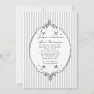 Ornate Silver Frame Light Grey Stripes Wedding Invitation