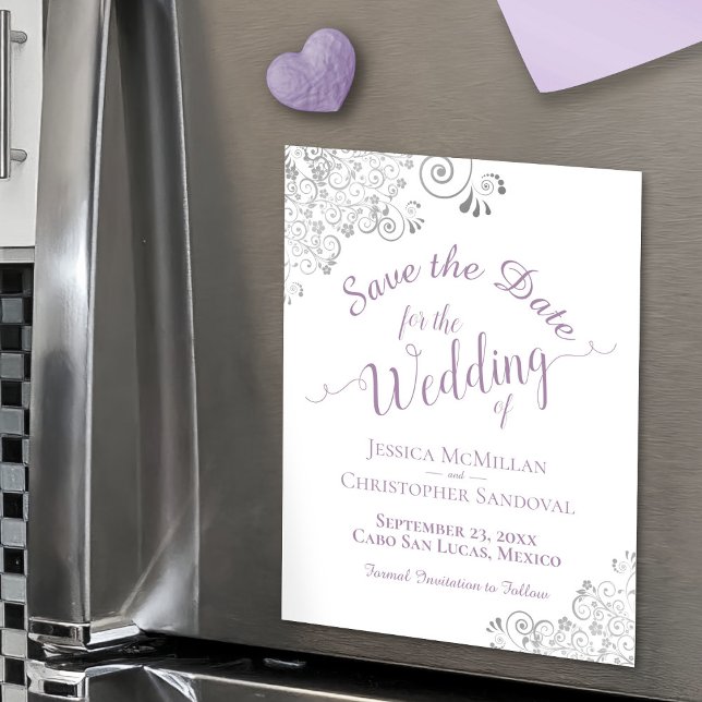Ornate Silver & Lavender Save the Date Magnet (Magnetic Card on Refrigerator)