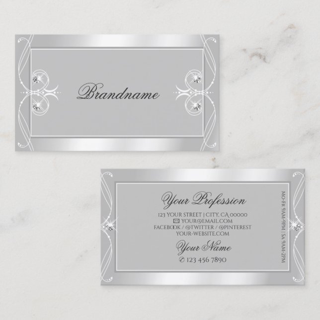 Ornate Silver Light Grey Sparkle Jewels Ornamental Business Card (Front/Back)