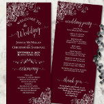 Ornate Silver on Burgundy Simple Elegant Wedding Program<br><div class="desc">This beautiful wedding program features an elegant design with pale grey text on a burgundy background and lacy silver grey faux foil curls and swirls in the corners. The titles are written in fancy script calligraphy, and there is space for your ceremony and wedding party details, as well as a...</div>
