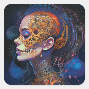 Ornate Skull Woman Surreal Art Square Sticker