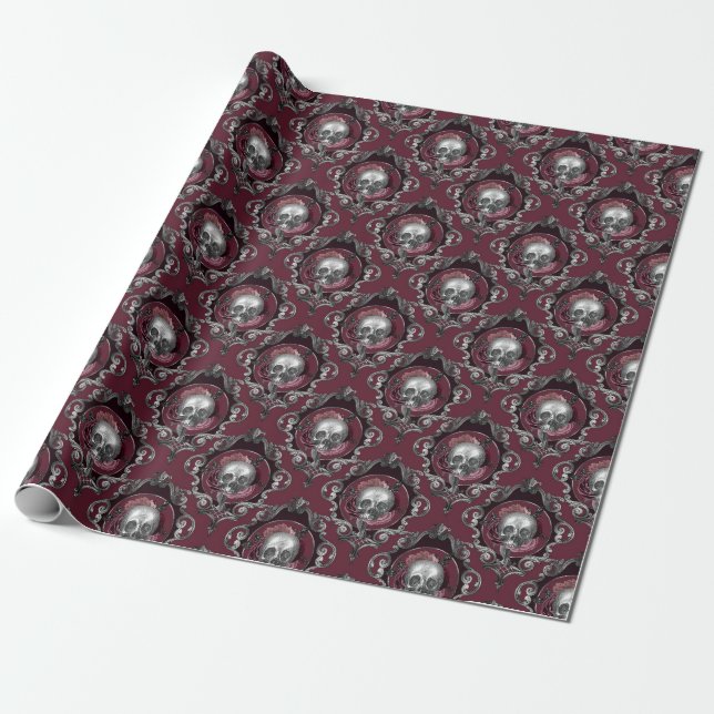Ornate Skulls and Flowers on Wine Wrapping Paper (Unrolled)