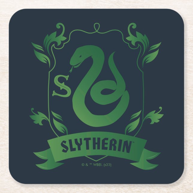 Ornate SLYTHERIN™ House Crest Square Paper Coaster (Front)