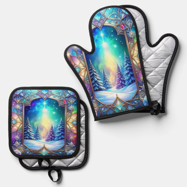 Ornate Stained Glass Oven Mitt & Pot Holder Set (Front/Back)