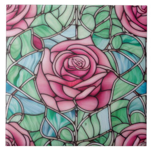 Ornate Stained Glass Style Rose Floral Tile