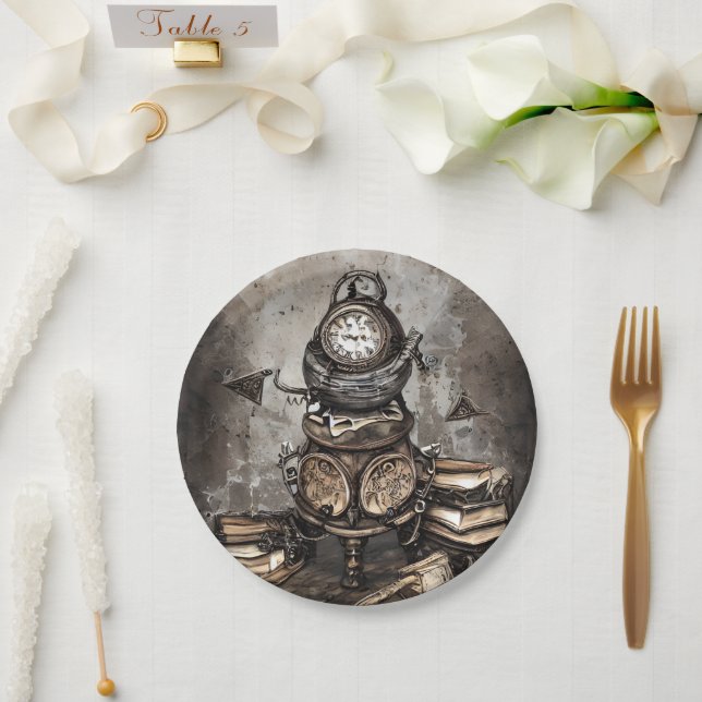 Ornate Steampunk Cauldron | Spellbooks and Clocks Paper Plate (Wedding)