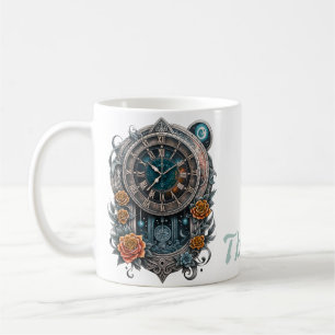 Ornate Steampunk Clock with Roses.  Coffee Mug