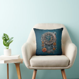 Ornate Steampunk Clock with Roses. Throw Pillow