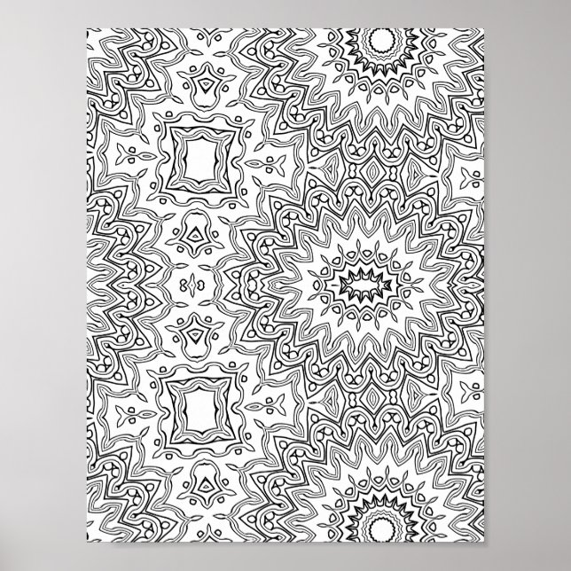 Ornate Sunburst Mandala Pattern Colouring Page Art Poster (Front)